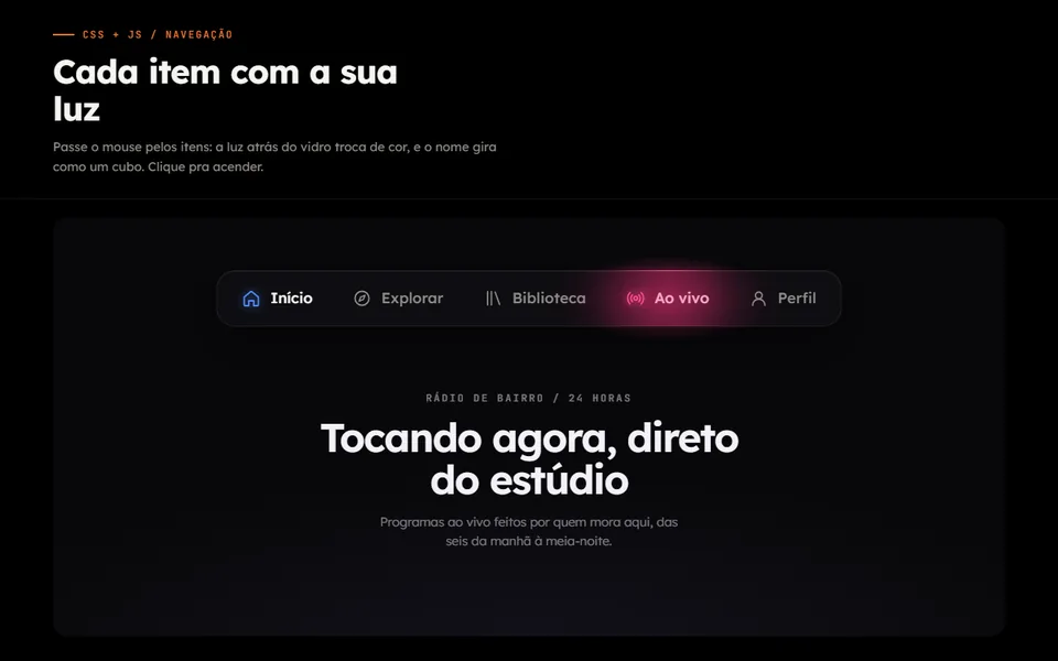 Prévia do efeito Menu que Acende em Cores