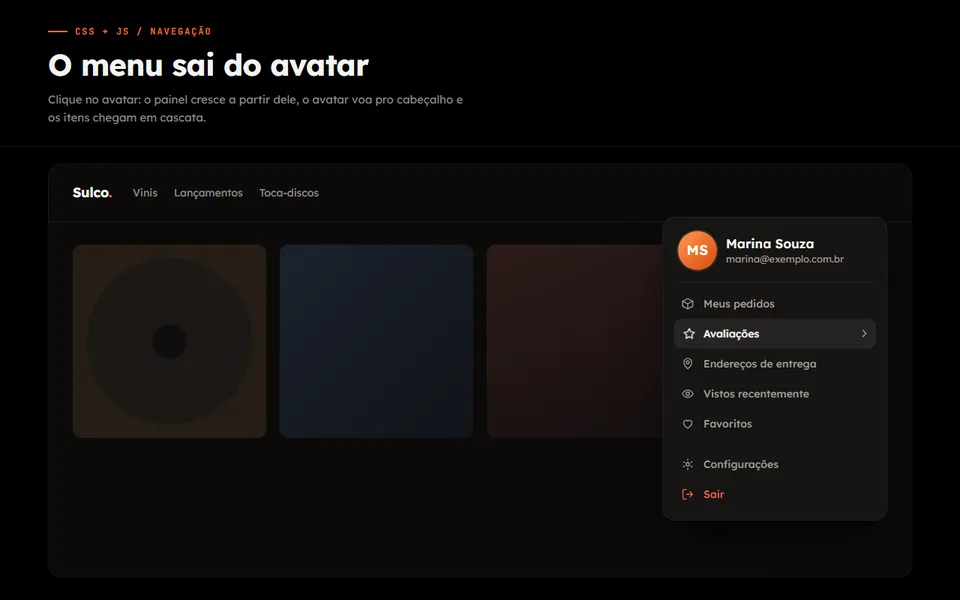 Prévia do efeito Menu que Sai do Avatar